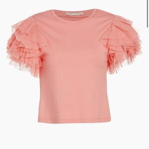 Alice + Olivia Top Womens Large Rylyn Tulle Sleeve Tshirt Pink Short Sleeve